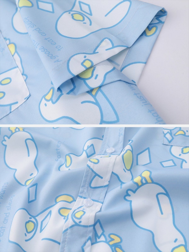 Chemise à Manches Courtes Aelfric Eden Lazy Goose Print Décontractées Bleu | DUZ-87280073